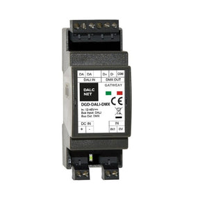 The Network Gateway with DALI to DMX Converter ~ Model DGD-DALI-DMX features input/output terminals, labeled buttons, and indicator lights on the front panel. It mounts on a DIN rail and is ideal as a DALI-DMX converter for modern lighting control systems.