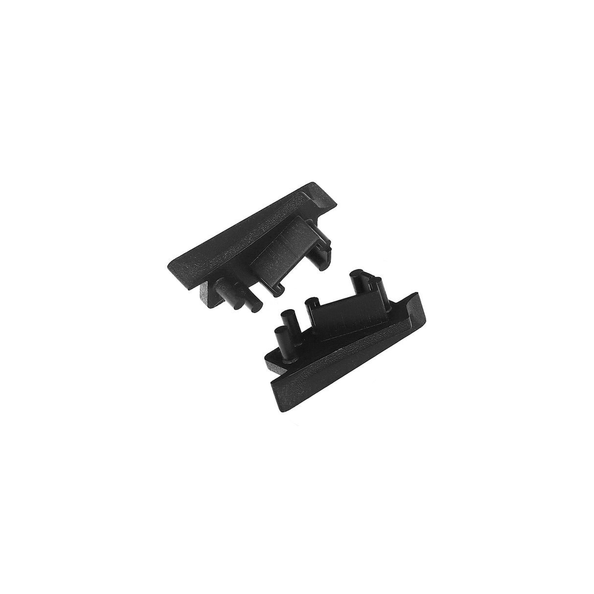 Two black End Caps for Diagonal10 Profile with interlocking pegs and slots, shown on a white background—perfect for securing the ends of a lighting fixture.