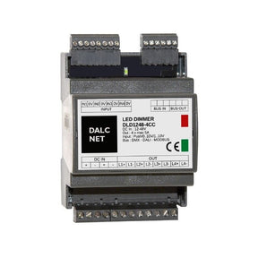 The DIN-rail 4-Channel Constant Current LED Dimmer with DALI (Model DLD1248-4CC-DALI) features input/output terminals, DALI compatibility, status LEDs, and constant current specs on its front panel.