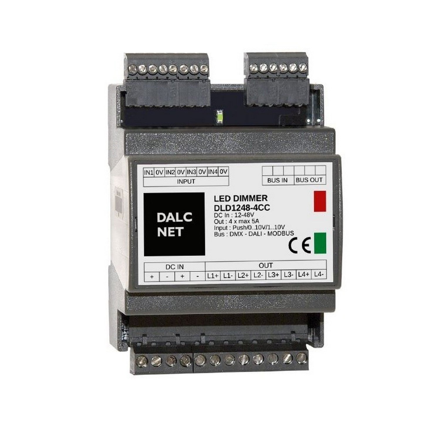 DIN-rail 4-Channel Constant Current LED Dimmer with Modbus ~ Model DLD1248-4CC-MODBUS