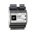 The DIN-rail 4-Channel Constant Voltage LED Dimmer (model DLD1248-4CV-DALI) features DALI compatibility, multiple input/output terminals, a labeled front panel, and indicator lights on the right side.