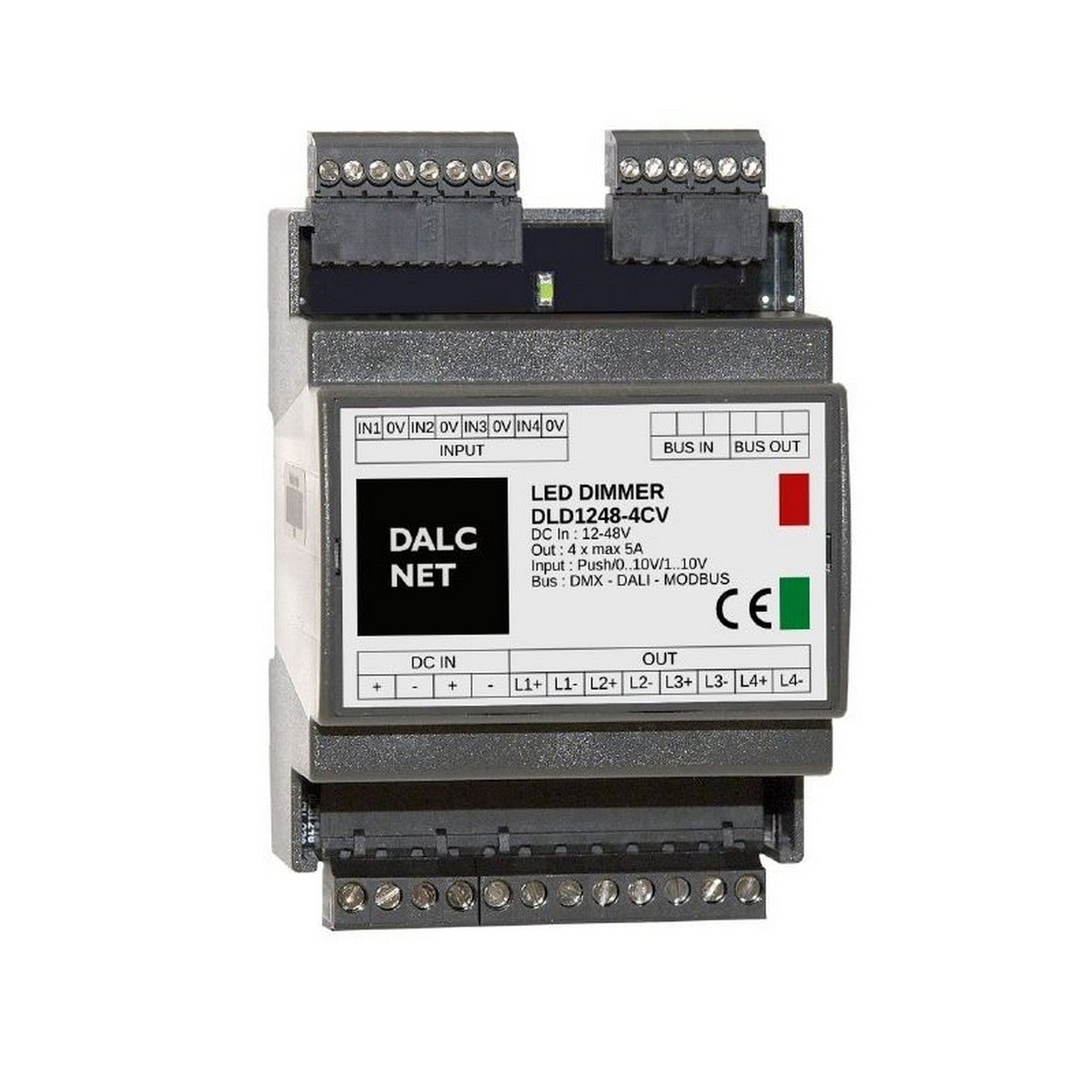 DIN-rail 4-Channel Constant Voltage LED Dimmer with Modbus ~ Model DLD1248-4CV-MODBUS