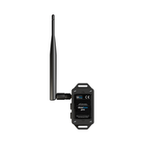 The doorBox Pro by Blebox is a black Smart Wi-Fi Gate and Door Controller with a prominent vertical antenna and rectangular body, labeled on the front. Designed for mounting, it enables convenient door status monitoring.