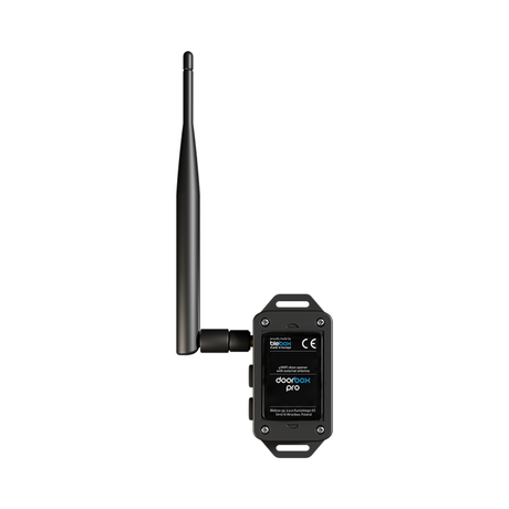 The doorBox Pro by Blebox is a black Smart Wi-Fi Gate and Door Controller with a prominent vertical antenna and rectangular body, labeled on the front. Designed for mounting, it enables convenient door status monitoring.