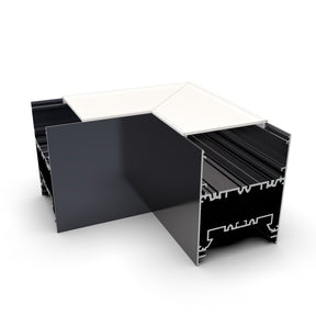 A 3D rendering of the 90 Degree Connector for DPL70FL Profile shows a black metal L-shaped corner piece with a white cover, used as a structural framing or panel joining component in construction and architecture.