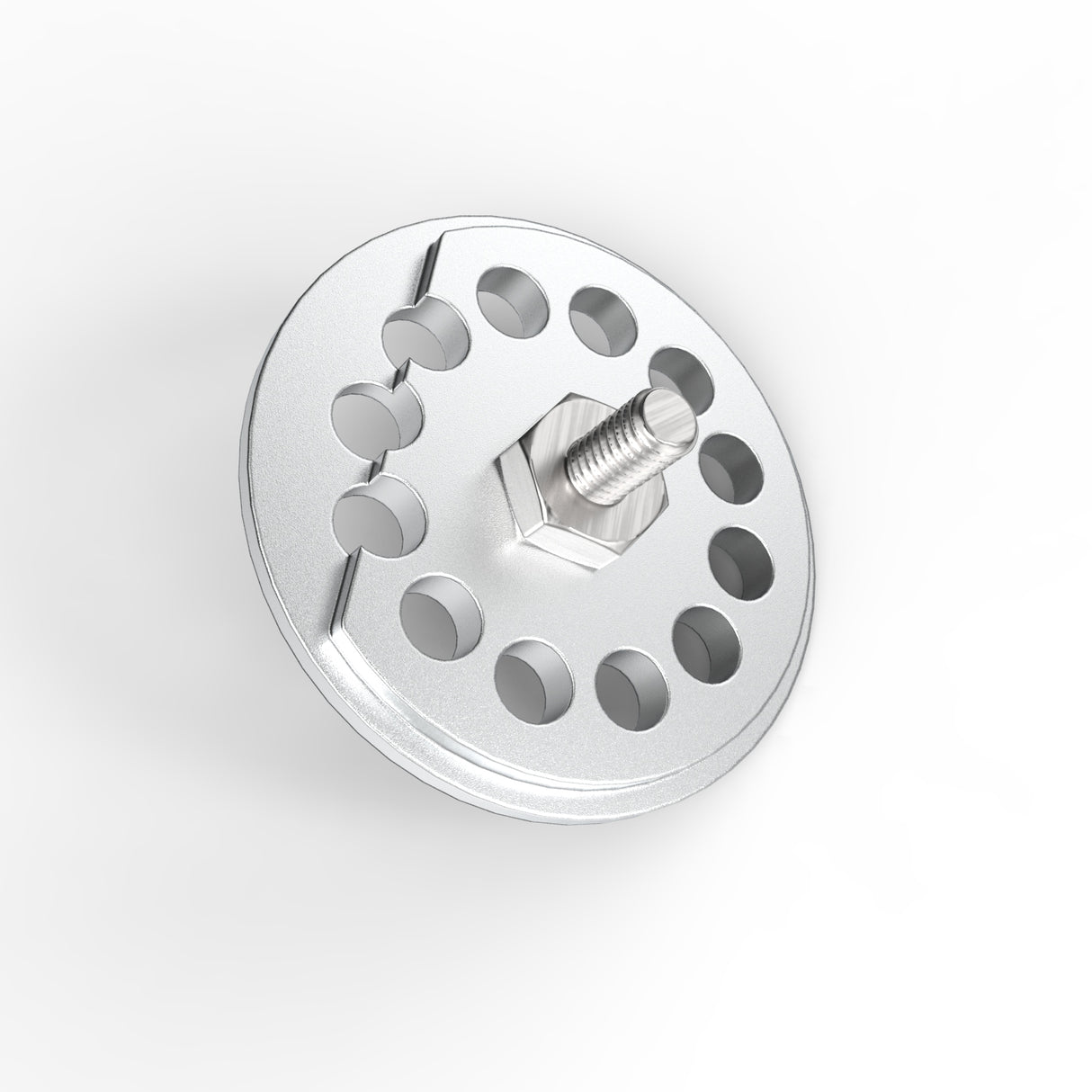 An Aluminum End Cap for Sierra38 Profile, featuring evenly spaced edge holes and a central hexagonal bolt, is displayed against a white background.
