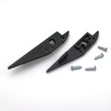 Two End Caps for Broadway Profile, made of black plastic with pointed ends, are shown open next to four silver screws, all displayed on a white surface.