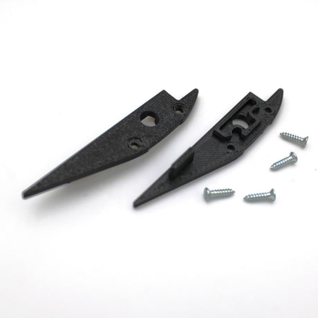 Two End Caps for Broadway Profile, made of black plastic with pointed ends, are shown open next to four silver screws, all displayed on a white surface.