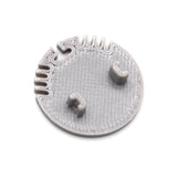A gray, textured plastic End Cap for Alu Round Profile with small raised sections, top-edge notches, and a possible cable hole; likely a 3D-printed component designed to fit Alu Round LED profiles.