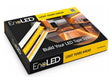 A box labeled EnoLED LED Strip Sample Box shows its contents and a modern kitchen with LED tape lighting. The tagline Light Years Ahead appears on the packaging.