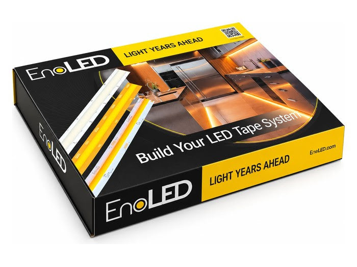 A box labeled EnoLED LED Strip Sample Box shows its contents and a modern kitchen with LED tape lighting. The tagline Light Years Ahead appears on the packaging.