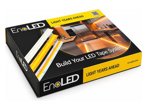 A box labeled EnoLED LED Strip Sample Box shows its contents and a modern kitchen with LED tape lighting. The tagline Light Years Ahead appears on the packaging.