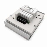 A Single-Zone Dimming Interface Lutron Phase-Adaptive Power Module, model PHPM-PA-120-WH, designed for controlling a 120 V lighting load or compatible LED dimmer, featuring labeled connection terminals and wiring instructions, is housed in a rectangular metal and plastic casing and photographed on a white background.
