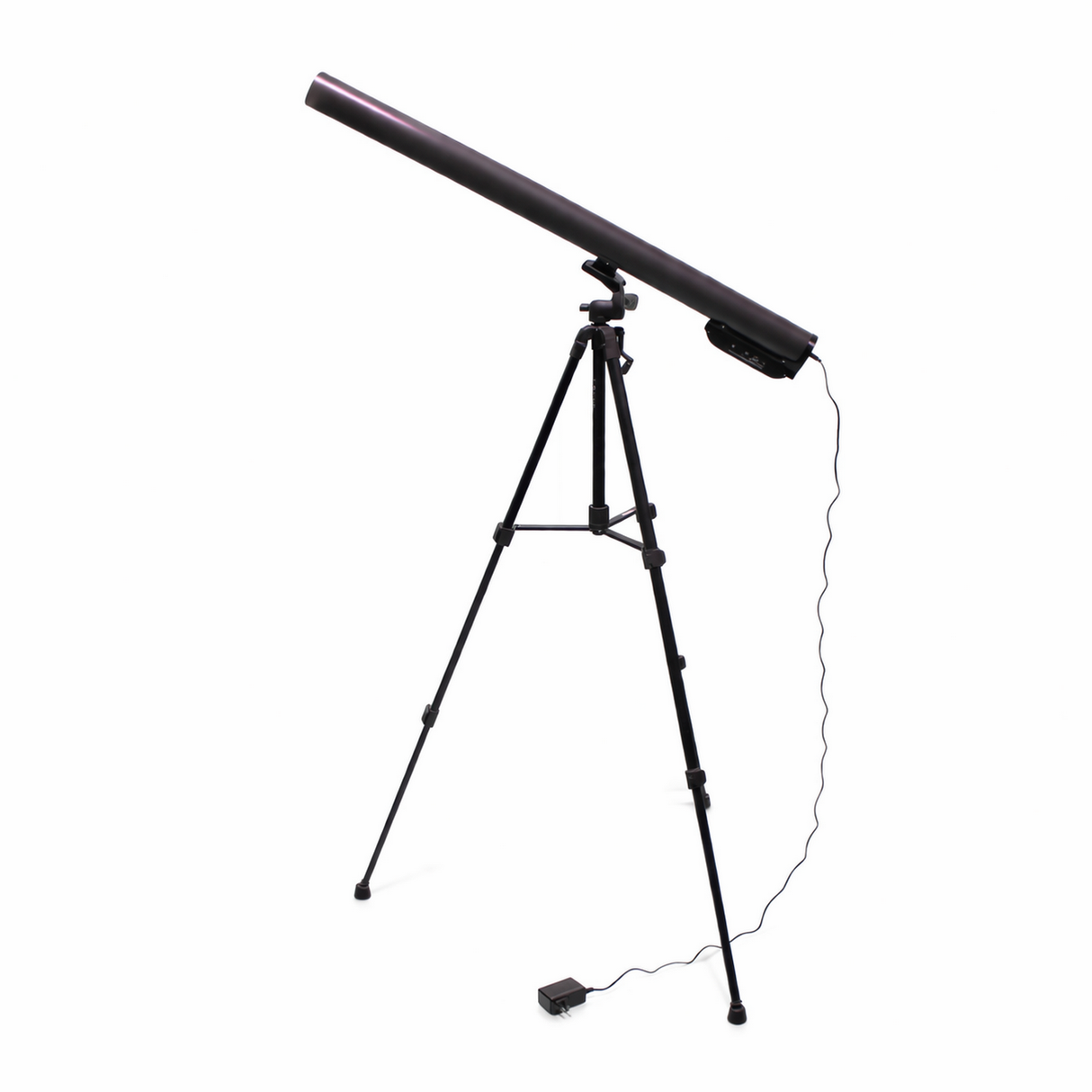 The Portable Long Range Casambi RGBW Tube Light, set against a plain white background, is ideal for pairing with a black telescope on an adjustable tripod stand for enhanced nighttime viewing with wireless stage lighting.