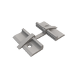 A 3D-rendered image of a Plastic Straight Connector for Alu-Flat Profile, featuring two rectangular bases joined by a narrow strip, with each base having grooves and a central hole for fastening.