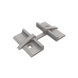 A 3D-rendered image of a Plastic Straight Connector for Alu-Flat Profile, featuring two rectangular bases joined by a narrow strip, with each base having grooves and a central hole for fastening.