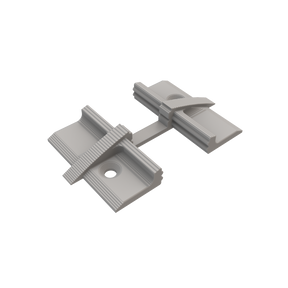 A 3D-rendered image of a Plastic Straight Connector for Alu-Flat Profile, featuring two rectangular bases joined by a narrow strip, with each base having grooves and a central hole for fastening.