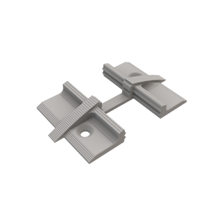 A 3D-rendered image of a Plastic Straight Connector for Alu-Flat Profile, featuring two rectangular bases joined by a narrow strip, with each base having grooves and a central hole for fastening.