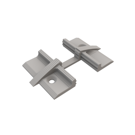 A 3D-rendered image of a Plastic Straight Connector for Alu-Flat Profile, featuring two rectangular bases joined by a narrow strip, with each base having grooves and a central hole for fastening.