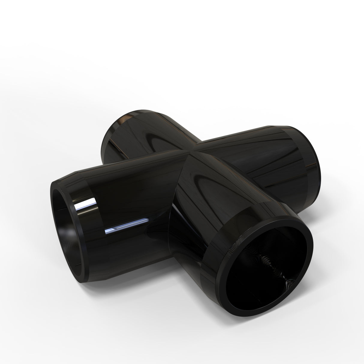 The Structural PVC Joiner for Sierra38 Round Profiles is a glossy black cross-shaped connector with four cylindrical openings, ideal for building custom lighting structures. Shown against a white background.