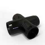 The Structural PVC Joiner for Sierra38 Round Profiles is a glossy black cross-shaped connector with four cylindrical openings, ideal for building custom lighting structures. Shown against a white background.