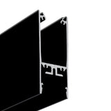 Close-up of a 1″ Suspended/Surface Mount LED Channel (Model Pixy20-02) in black aluminum, featuring grooves and ridges—isolated on a white background and ideal for use as a surface-mounted LED profile.