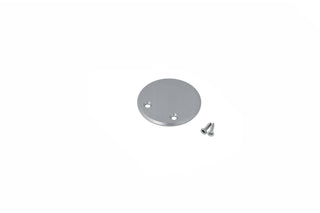 The Extension Arm End Cap for Oval20 Profile, a round flat aluminum plate with two holes, is displayed next to two small silver screws on a plain white background.