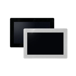 Two blank rectangular 5″ Wi-Fi Touchscreen Smart Home Control Panel ~ controlPanelM by Blebox screens—one with a black frame and one with a white frame—overlap on a plain white background. These sleek devices are designed as modern touchscreen panels for smart home control or other centralized control systems.