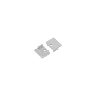 Two small, rectangular End Cap for Plane14 Profile pieces made of light gray ABS plastic rest on a white background; one has raised edges, and the other is flat with a center hole.