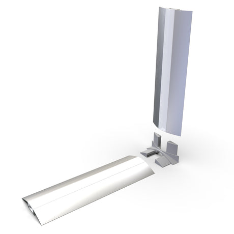 3D render of two curved Alu-Flat profiles—one upright, one flat—joined by Plastic Corner Connectors for Alu-Flat Profile, displayed on a white background.