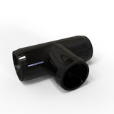 A glossy black Structural PVC Joiner for Sierra38 Round Profiles, T-shaped with three open ends, ideal for connecting or joining custom lighting structures or light diffuser tubes, is shown against a white background.