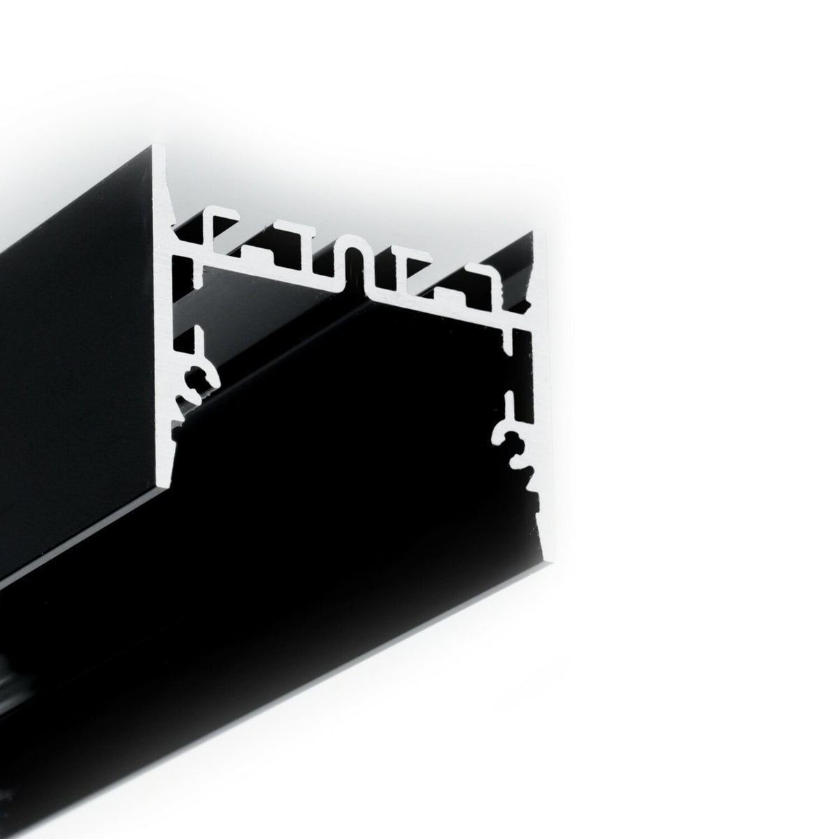 Close-up of the 1.73″ Suspended/Surface Mount LED Channel ~ Model Pixel33-01 in black and silver aluminum, showing intricate interior channels on a white background—perfect for linear lighting.