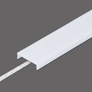 A white rectangular LED Channel Cover ~ C7 Click, featuring a clip-in PMMA UV-resistant diffuser design, is shown with an LED strip partially inserted beneath it. The setup is compatible with Pixy20 profiles and displayed against a plain gray background.