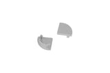Two gray, semi-circular metal End Caps for D1 Click Cover with protruding pegs face each other on a white background—ideal for finishing LED channel installations.