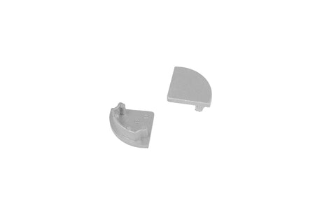 Two gray, semi-circular metal End Caps for D1 Click Cover with protruding pegs face each other on a white background—ideal for finishing LED channel installations.