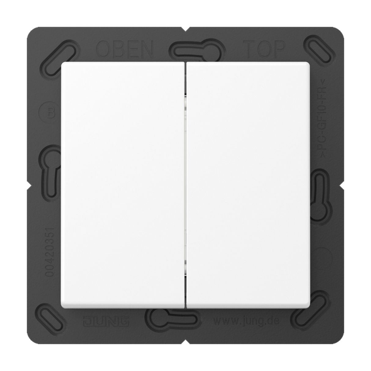 A close-up of the Casambi 4-Channel Wireless Radio Transmitter (Model Jung BLE A 595) shows a modern double white light switch in a black mounting frame with OBEN and TOP labels, offering sleek rectangular design and secure communication.