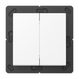 A close-up of the Casambi 4-Channel Wireless Radio Transmitter (Model Jung BLE A 595) shows a modern double white light switch in a black mounting frame with OBEN and TOP labels, offering sleek rectangular design and secure communication.