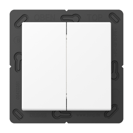 A close-up of the Casambi 4-Channel Wireless Radio Transmitter (Model Jung BLE A 595) shows a modern double white light switch in a black mounting frame with OBEN and TOP labels, offering sleek rectangular design and secure communication.