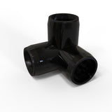 The Structural PVC Joiner for Sierra38 Tube Profile is a black plastic, T-shaped pipe fitting with three right-angled cylindrical openings—perfect as a joiner for lighting installation accessories. Displayed against a white background.