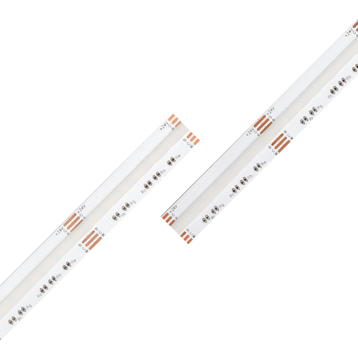Two EnoLED UniColor Series RGB+CCT COB IP20 High CRI LED Strips (24V) are displayed diagonally on a white background. Each strip features visible copper contacts and evenly spaced, surface-mounted LEDs, emphasizing their tunable white light and multi-color illumination capabilities.