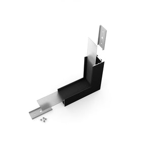 A 90 Degree Perpendicular Connector for Vario30-02 Profile, featuring separate silver and black components with included screws, displayed on a white background—ideal as a sturdy corner connector or as part of a versatile kit for Vario30-02 profiles.