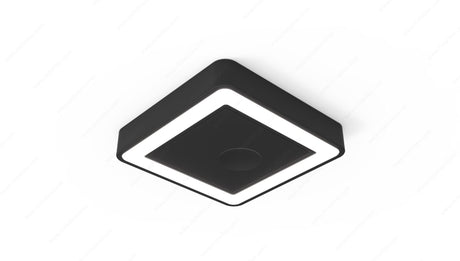 The HIPSO D-MOTION TDM is a modern, square black recessed or surface mount LED light with a glowing white border and touch dimmer, shown installed on a plain white ceiling.