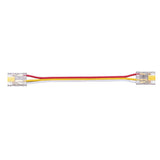 A compact 3-Pin Solderless Tunable White COB LED Strip Connector (10mm) from the UniCCT Series, featuring red, yellow, and white wires joining clear plastic connectors at both ends, displayed on a white background.