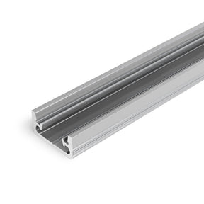 The Recessed Walk-Over LED Channel for Tiled Floors (Model Floor8) is a silver aluminum extrusion with multiple grooves and a rectangular shape, perfect for modular framing or floor lighting, shown on a white background.