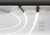 Curved LED light strips are embedded in a ceiling using the 0.8 Bendable Drywall LED Lighting Channel ~ Model Klus KOZMA-BD (min. Ø 100 cm), with labeled zones for lighting effects.