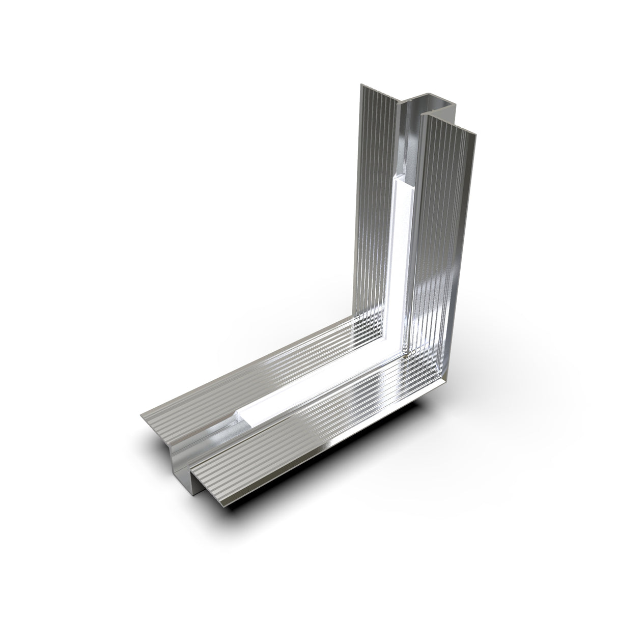 A metallic L-shaped Connector for Hide10 Profile with a ribbed texture and sharp edges is shown on a white background. This connector is ideal for construction, framing, or integrating LED channels in seamless lighting setups.