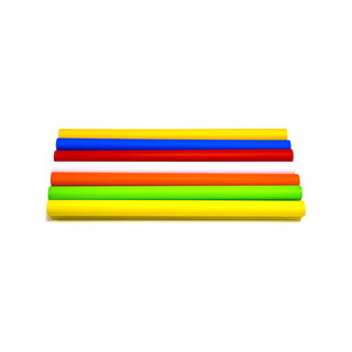 Six colorful straws—yellow, green, red, blue, red, and yellow—are lined up on a white background, resembling a playful row of Colored Border Contour Tube Light ~ Hi-Lite 30 Straight Sections.