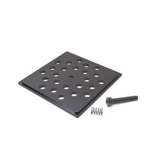 The image shows the Aluminum End Cap for Holston74 Profile for Hexagon Heatsink, featuring a metal plate with circular holes, a coiled spring, and a metal screw on a white background.