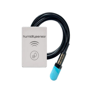 The Smart Wi-Fi Air Temperature and Humidity Sensor ~ humiditySensor by Blebox is a rectangular white module with a blue-tipped probe, offering reliable temperature and humidity monitoring for precise control.