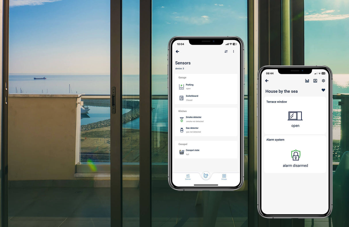 Two smartphones show the inputSensorD by Blebox smart home app for monitoring with the 2-Channel Smart Wi-Fi Input Status Module, placed before a glass door with a balcony, sea view, blue sky, and a ship in the distance.